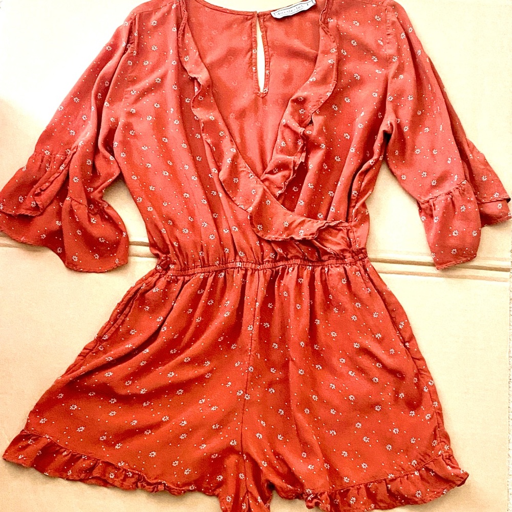 Abercrombie & Fitch Rust Floral Romper L Boho Ruffle Sleeve Festival Feminine
